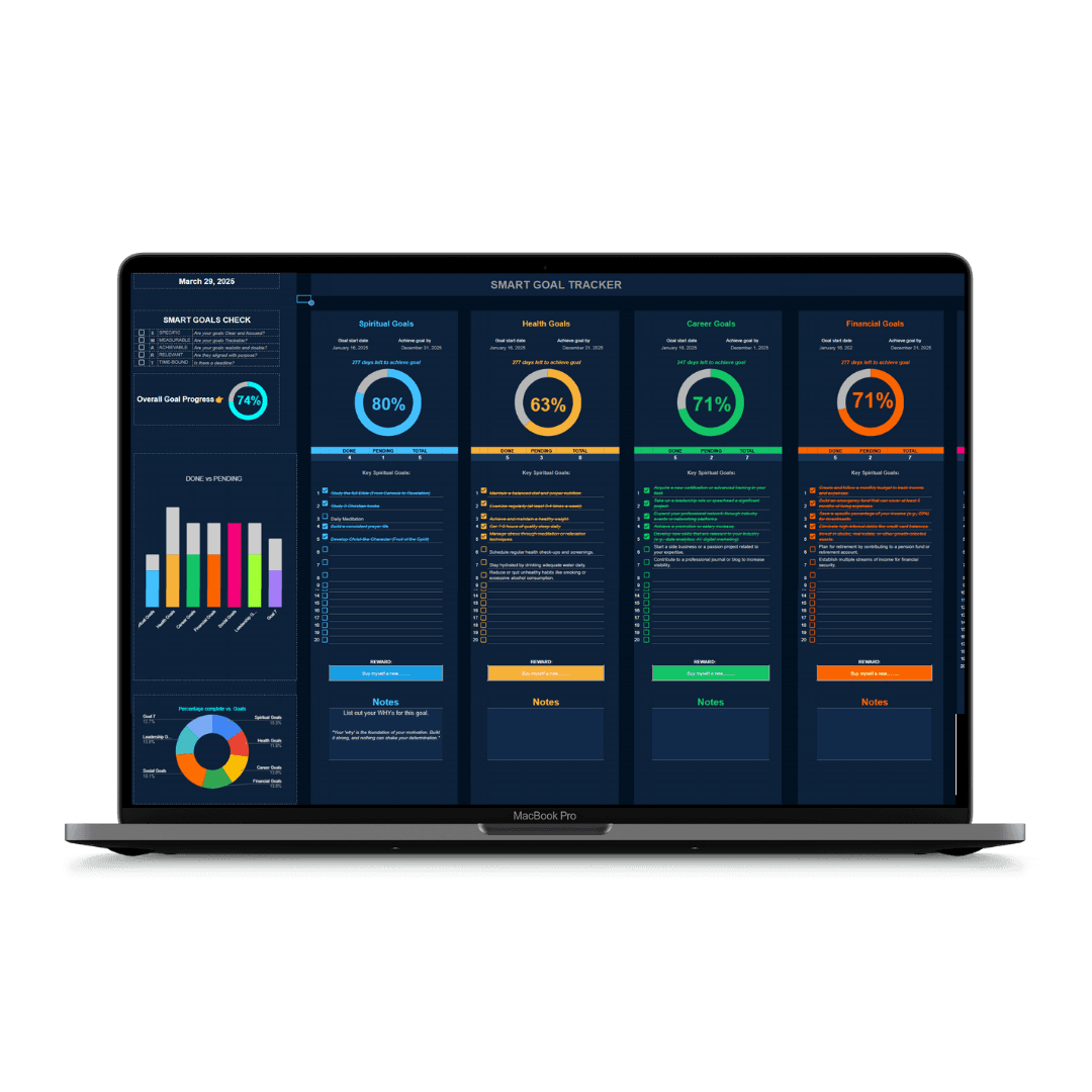 Smart Goal Tracker interface on laptop showing goal tracking across multiple life areas