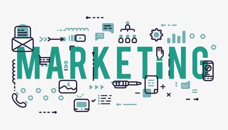 Illustration representing top in-demand digital marketing skills such as content marketing, SEO, social media, data analytics, and email marketing